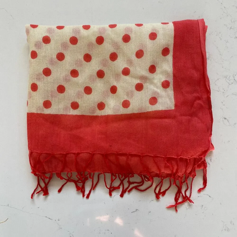Banana Republic Salmon/Coral Polka Dots‎ on Ivory Long Fringed Scarf